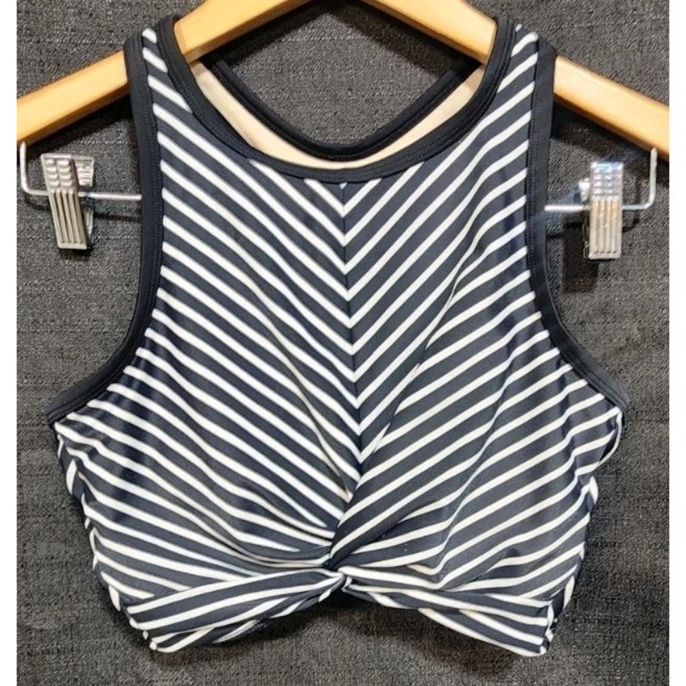 Kona Sol‎ Women's Black White High Neck Twist Front Bikini Top Sz S Stripe Swim